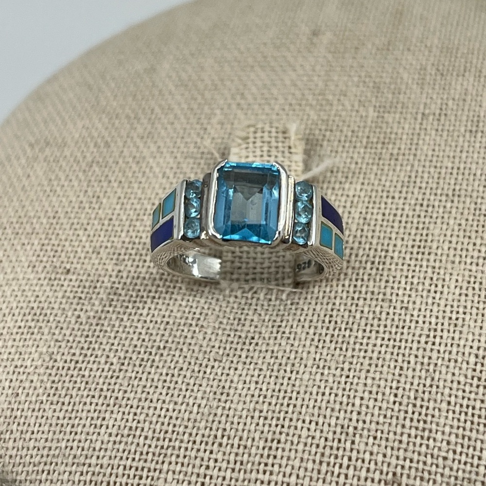 Vintage 925 Sterling Silver Turquoise Lapis Inlay Ring Size 5 - Picture 3 of 16
